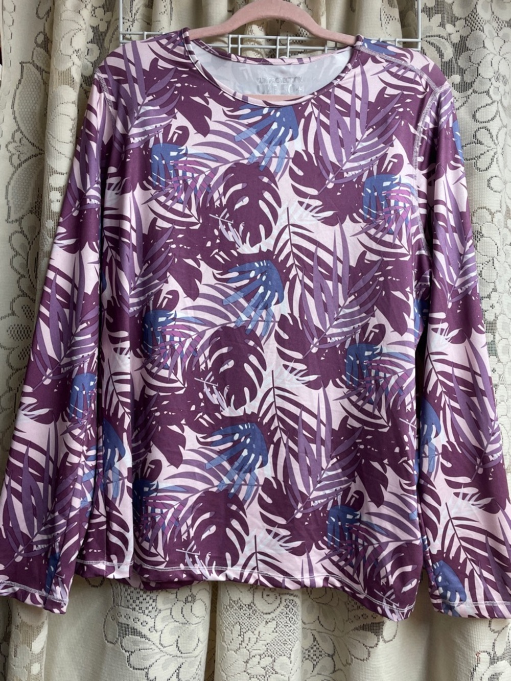 32 Degrees Purple and Blue Tropical-Leaf Long Sleeve Tee UPF 50+